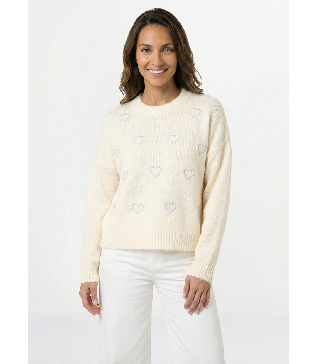 Pull col rond coeurs rayés avec laine-1