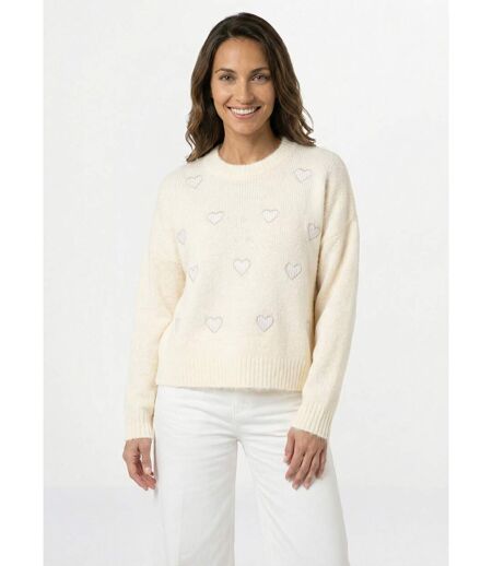 Pull col rond coeurs rayés avec laine