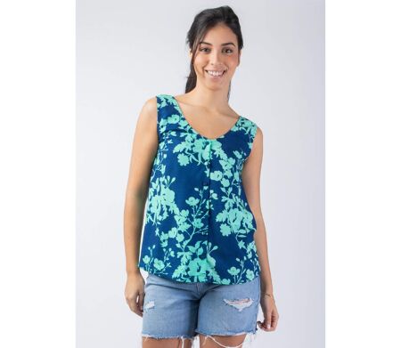 Top femme sans manches IVANOE imprimé fleuri turquoise Coton Du Monde