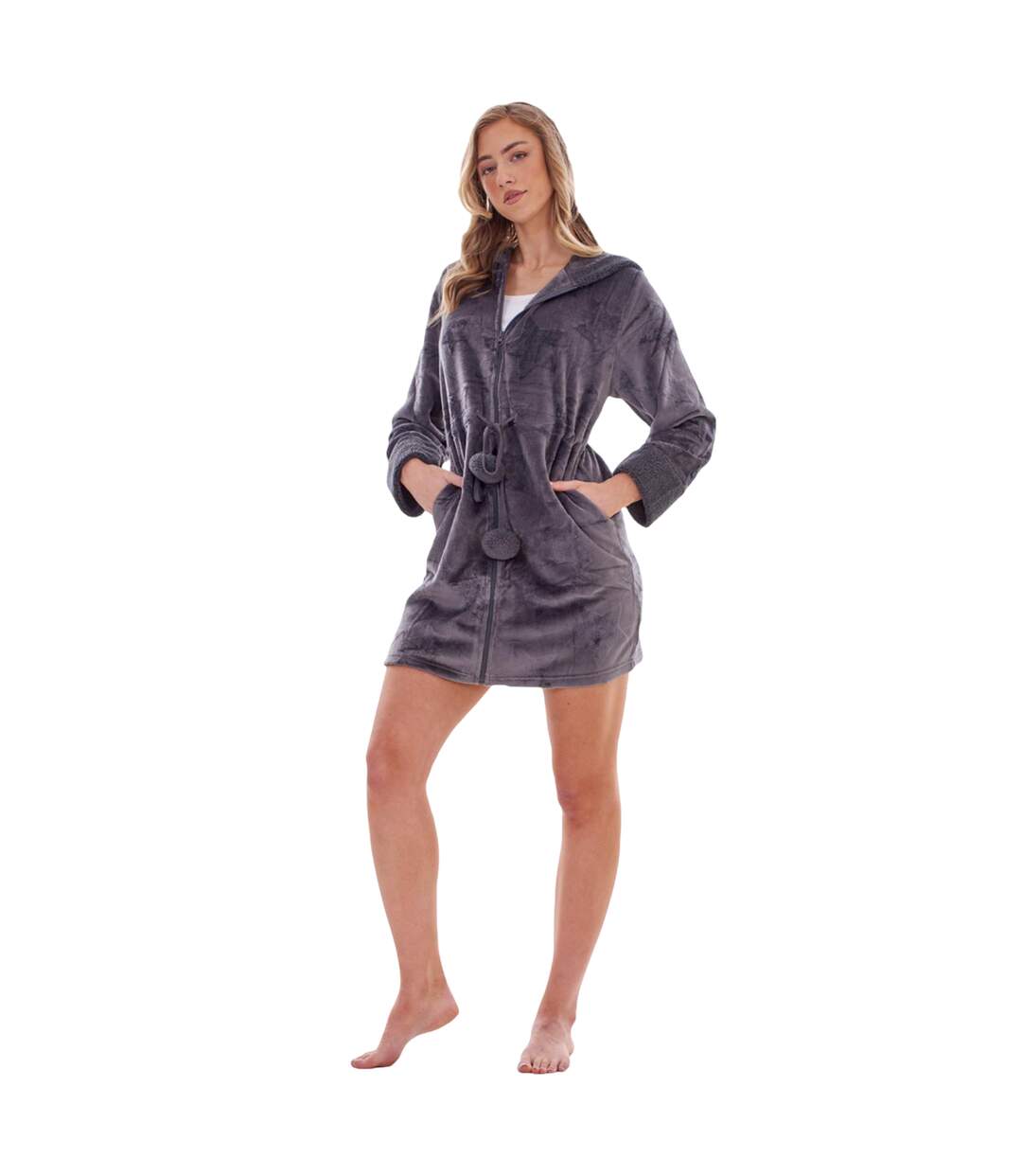 Womens/ladies Stars Fleece Zipped Dressing Gown Charcoal Keanu-4