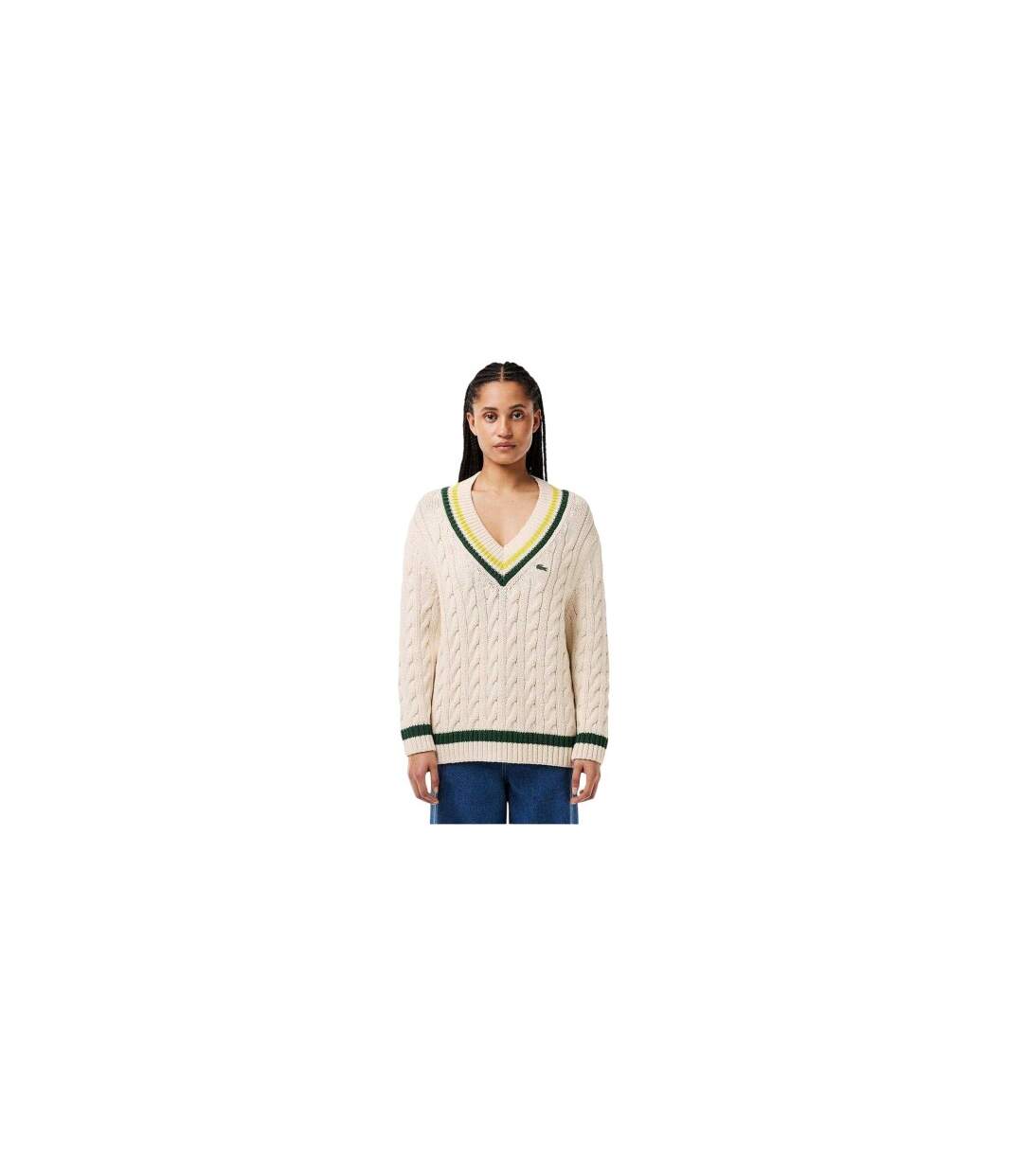 Sweat Motif/style Maille Torsadée Femme Beige Vert Lacoste-1