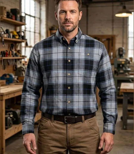 CHALLENGER TRADITION4 — Chemise à carreaux manches longues gris et bleu : l'aisance du tissu extensible