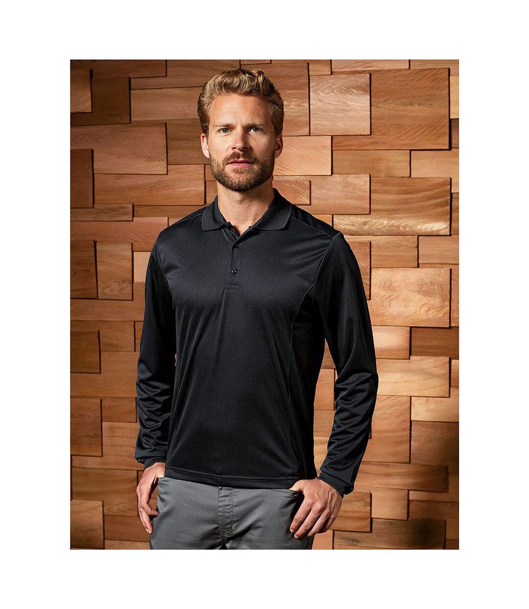Premier Mens Long Sleeve Coolchecker Pique Polo Shirt (Black)