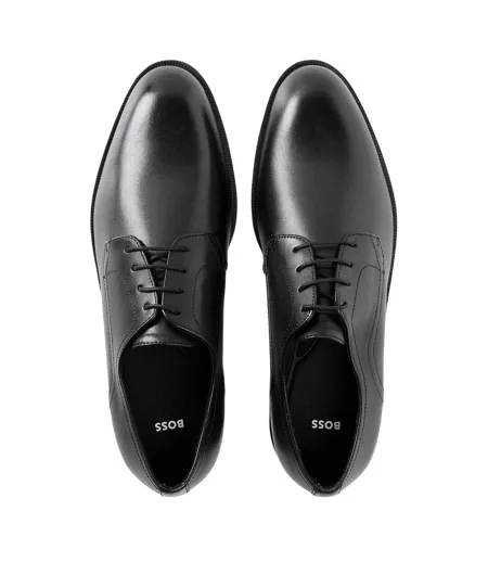 Mens Leather Low Block Heel Derby Shoes Black Boss