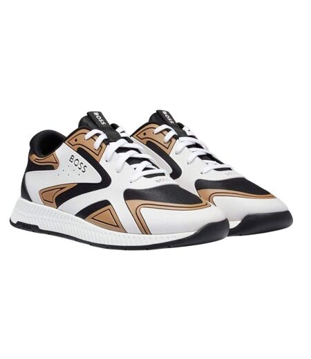 Mens Titanium Leather Running Trainers Beige Boss
