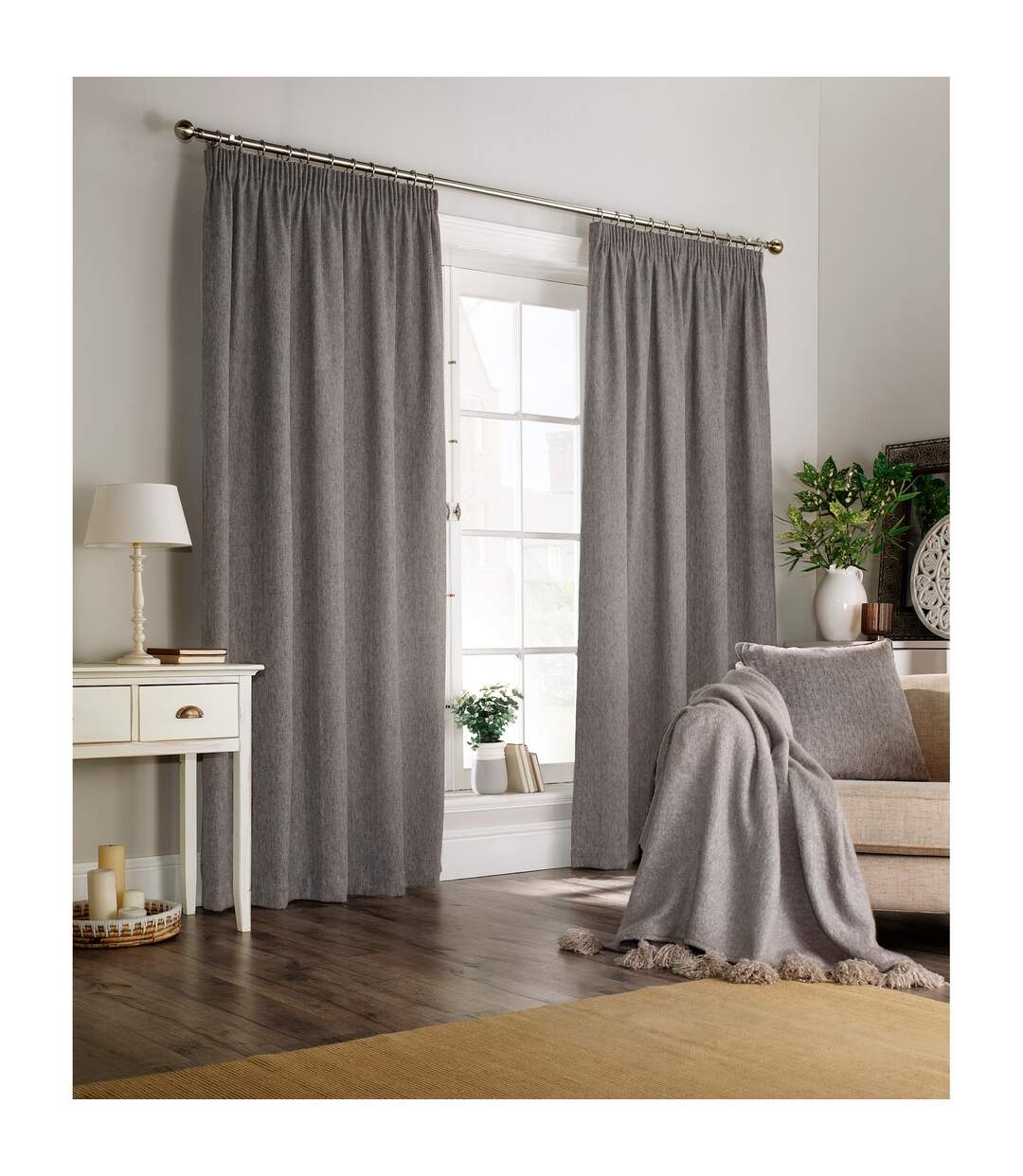 Harrison pencil pleat faux wool curtains pair 168x229cm grey Furn