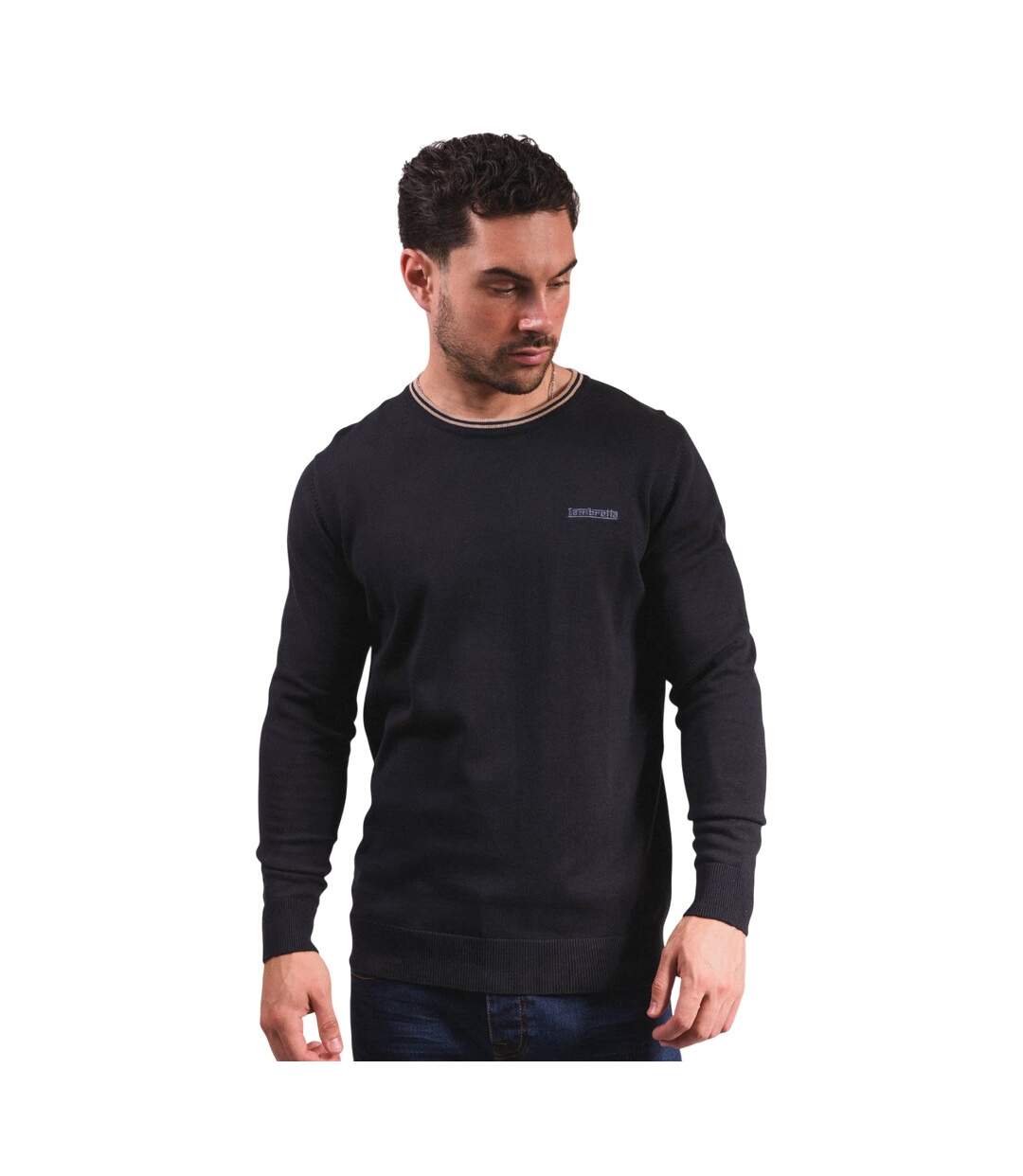 Pull Motif Rayure Contrastée Sur Bord Homme Bleu Marine Beige Gris Lambretta-1