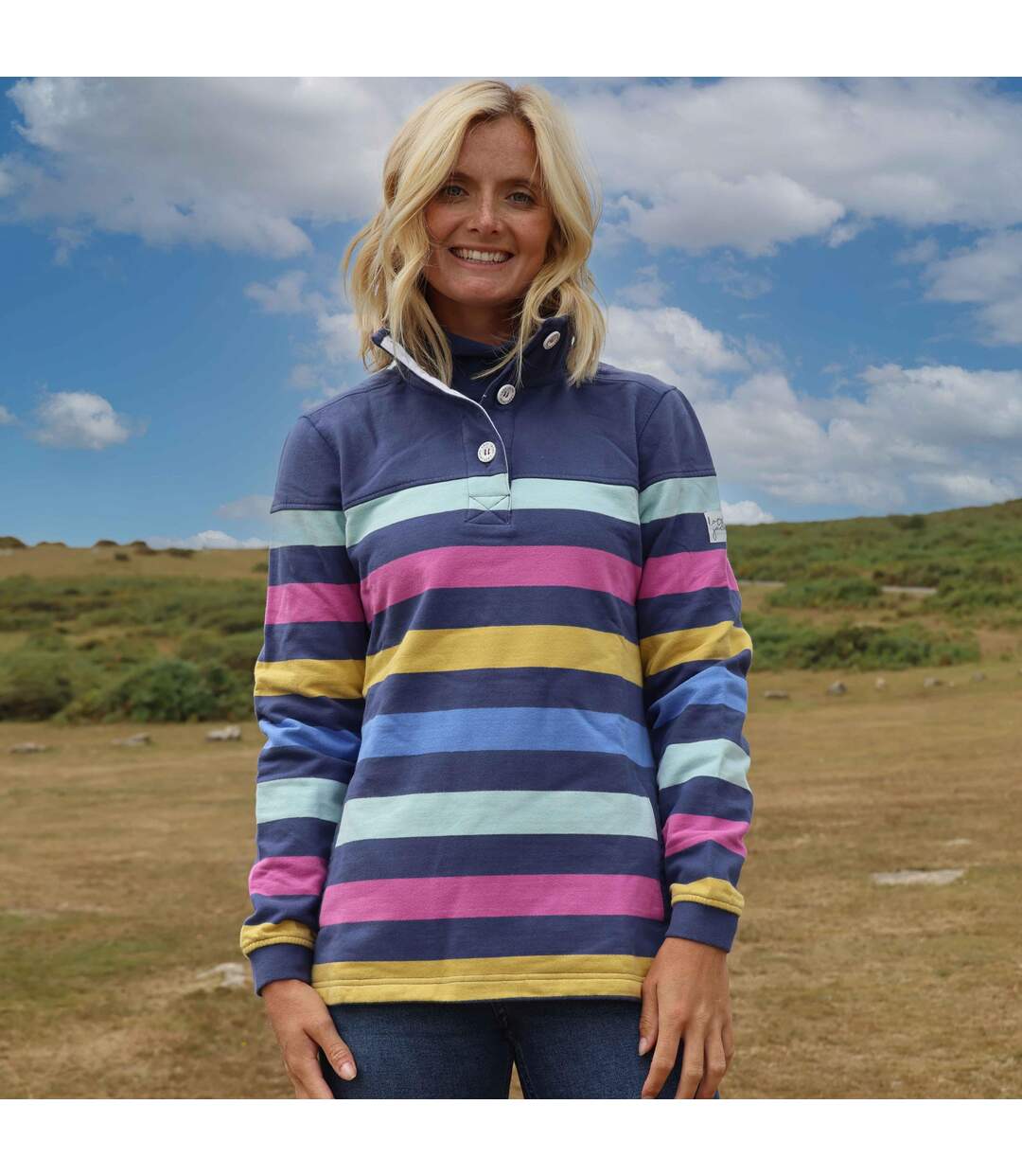Womens/ladies Striped Button Neck Sweatshirt Multicoloured Lazy Jacks-1