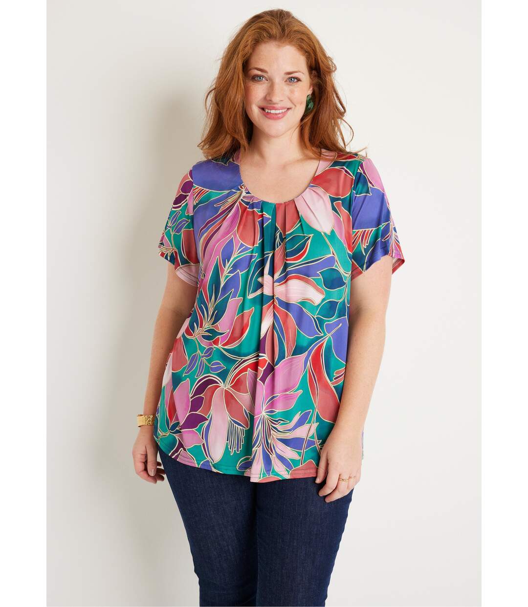 T-shirt ample long fleuri manches courtes-1