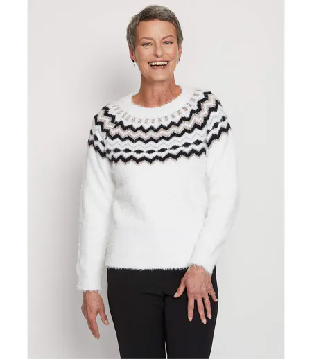 Pull col rond maille poilue jacquard soleil