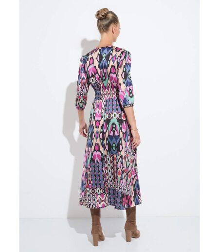 Robe longue satin imprimé ethnique manches 3/4