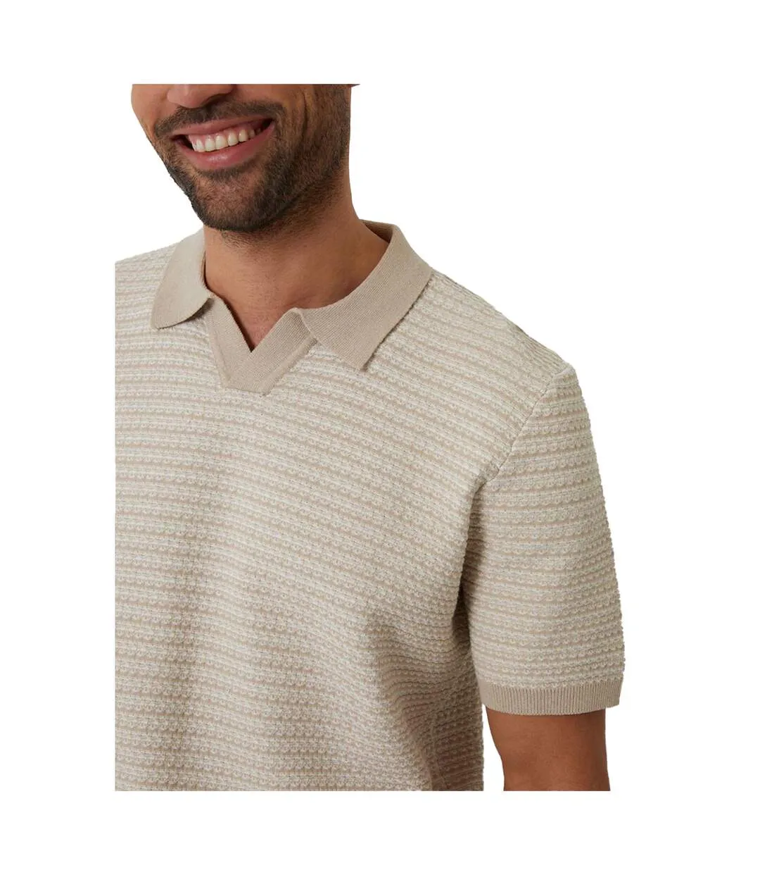 Mens Knitted Regular Short-sleeved Polo Shirt Beige Threadbare-4