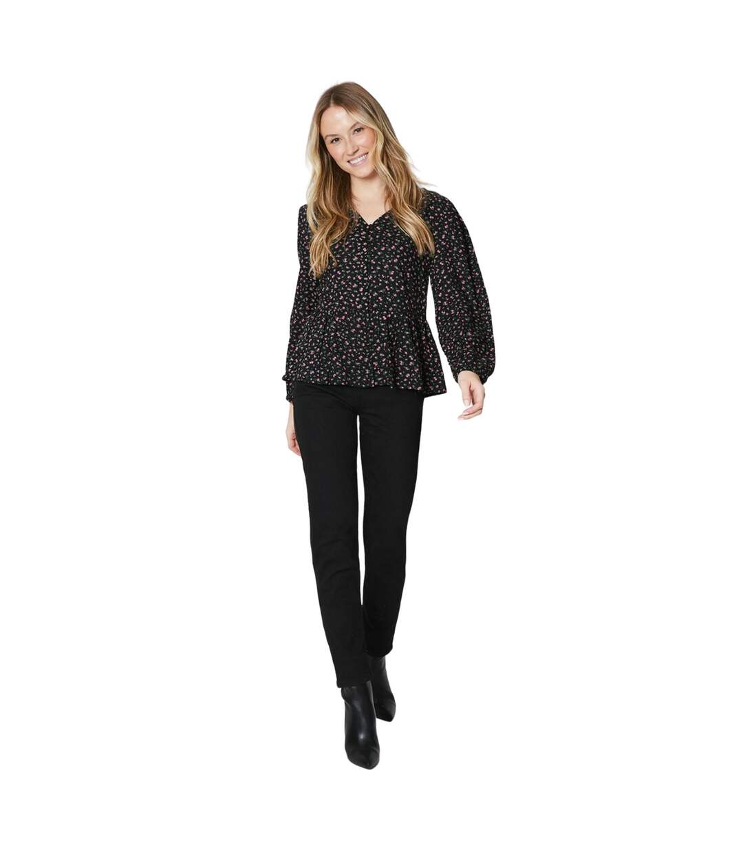 Womens/ladies ditsy floral front tie long-sleeved blouse black Maine-4