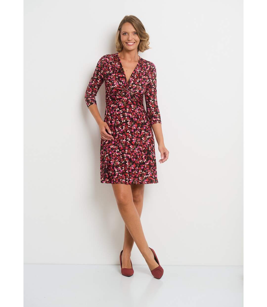 Robe col V taille drapée imprimé fleuri-3