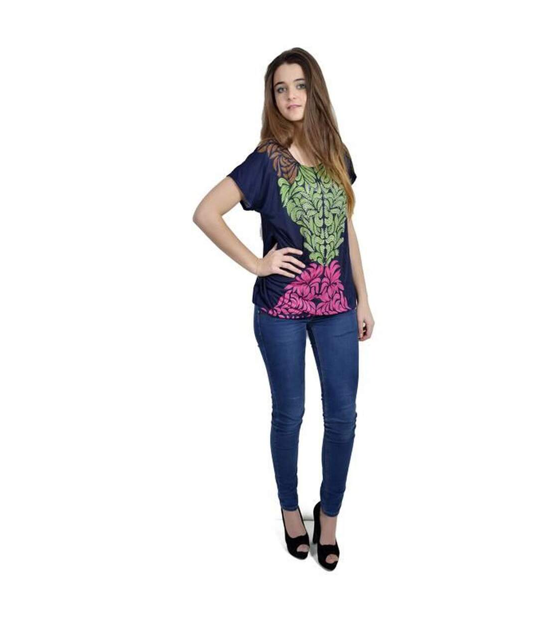 Tee shirt tunique femme manches courtes  avec motif-4