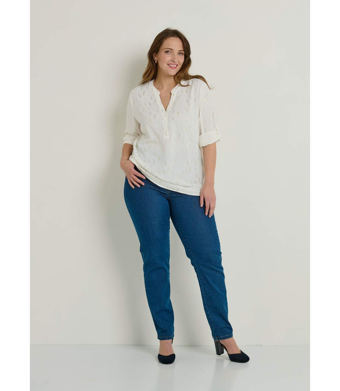 Tunique motifs col V boutonné manches 3/4-3