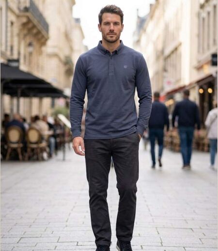 CHALLENGER NATHAN2 — Polo manches longues gris piqué : la touche chic et décontractée