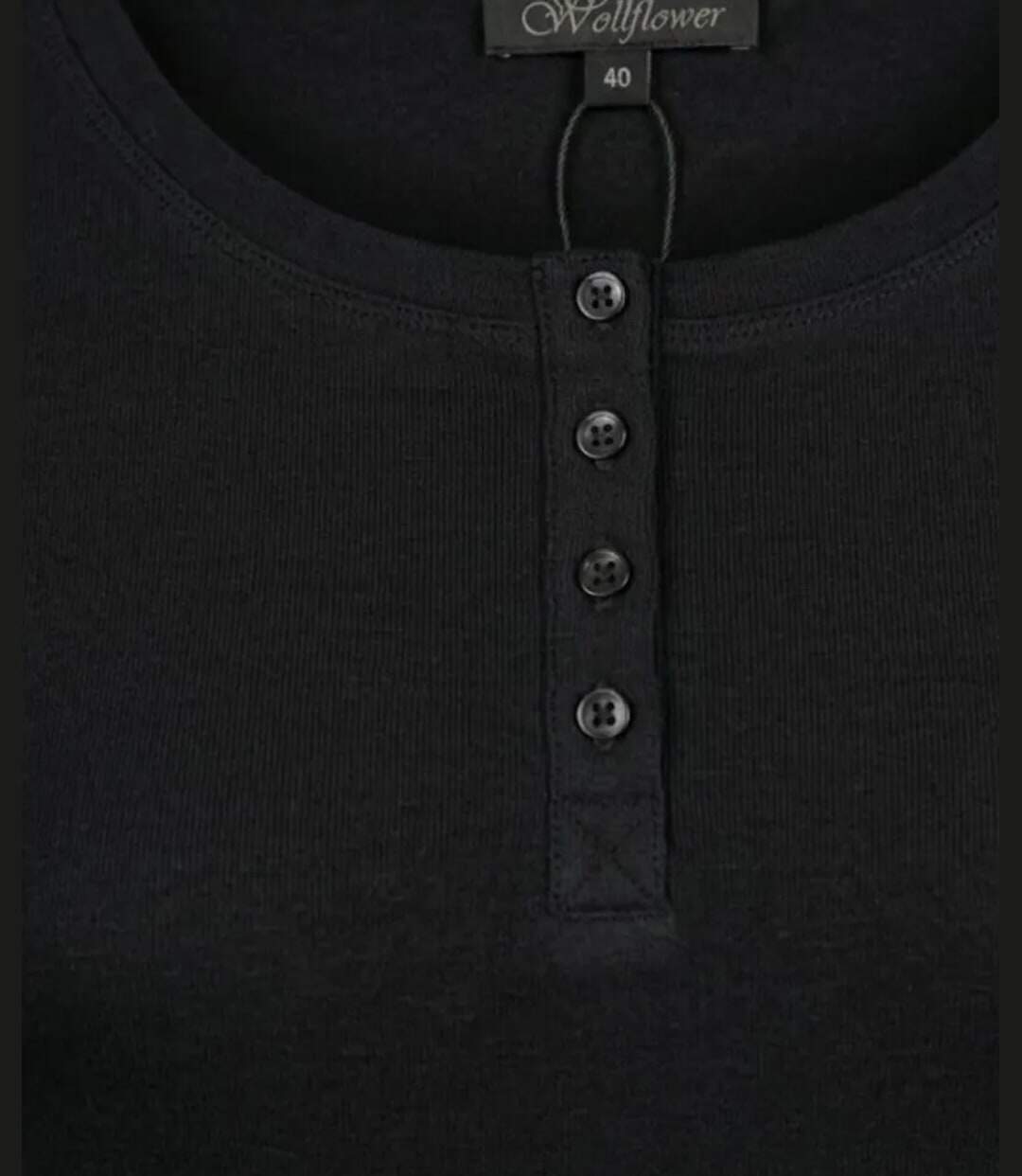 MAYFLOWER - Tee-shirt manches longues noir uni en viscose stretch avec col à 4 boutons-4