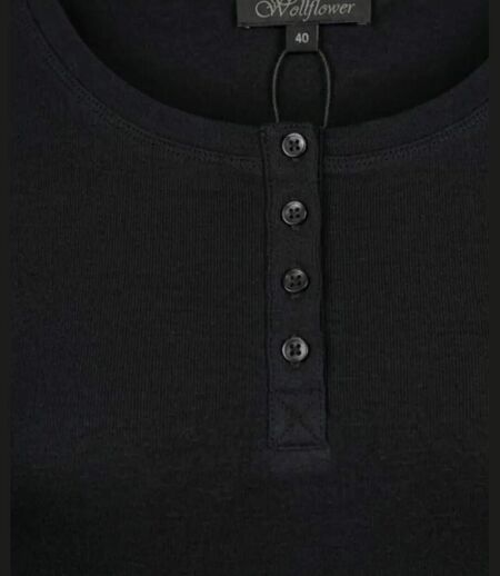MAYFLOWER - Tee-shirt manches longues noir uni en viscose stretch avec col à 4 boutons