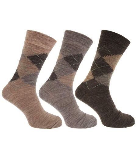 Mens Traditional Argyle Pattern Lambs Wool Blend Socks With Lycra (Pack Of 3) (Shades of Brown) - UTMB275