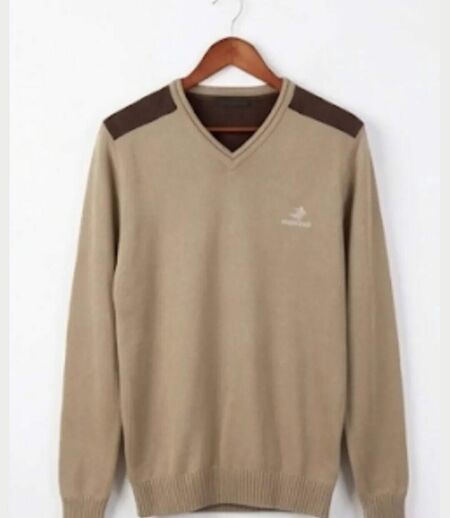 Pull Col V Homme Winchester Panel1 Beige avec Renforts Suédine