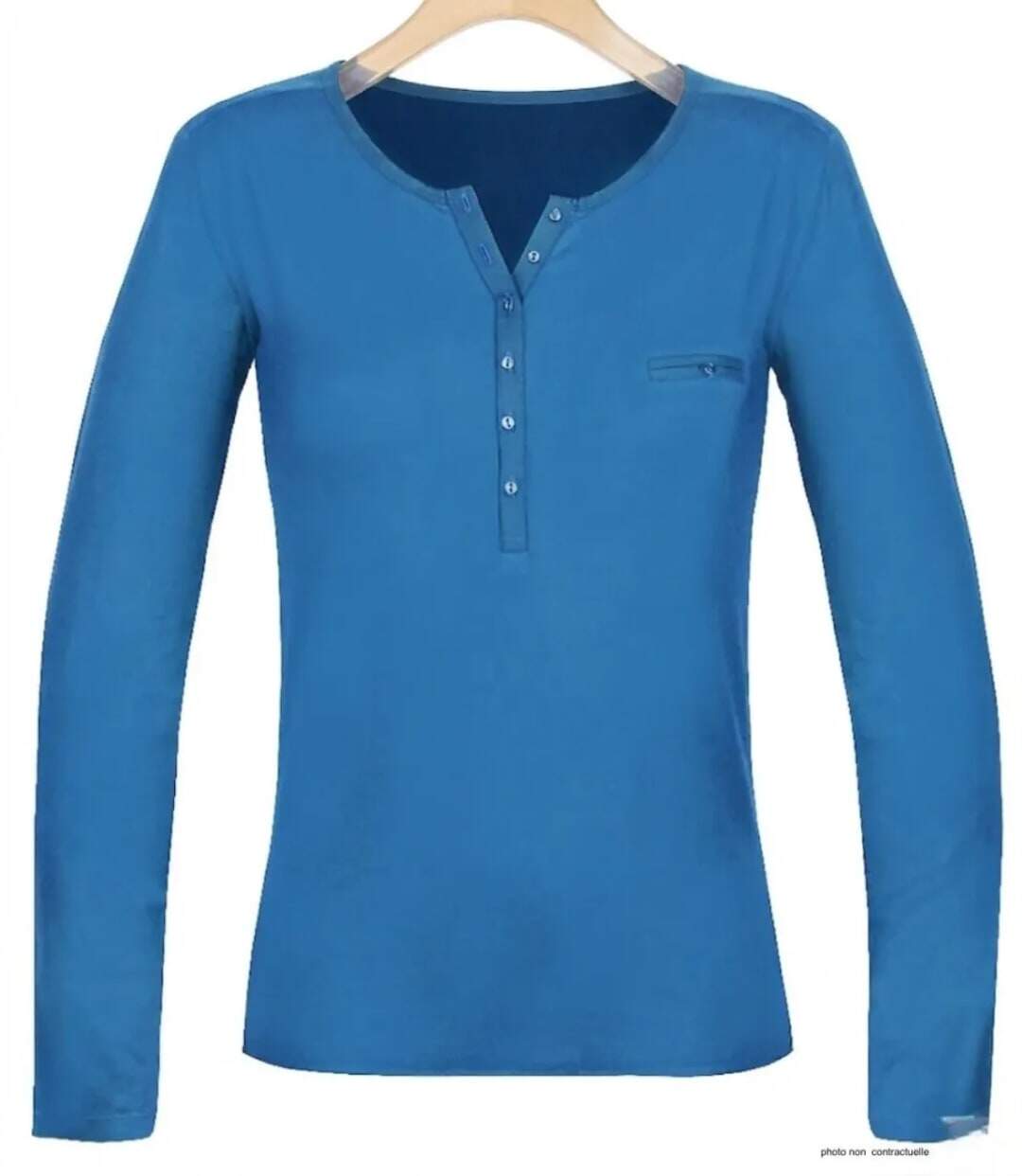 MAYFLOWER NOVICE2 – Tee-shirt manches longues bleu col tunisien satin pour un style chic et fluide-2