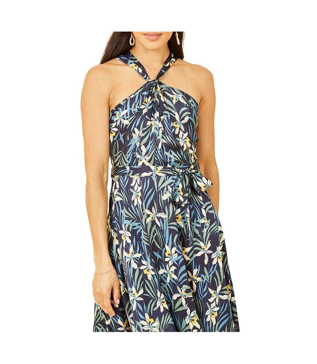 Robe Mi-longue Été Motif/style Fleurs Tropicales Femme Bleu Marine Yumi-3