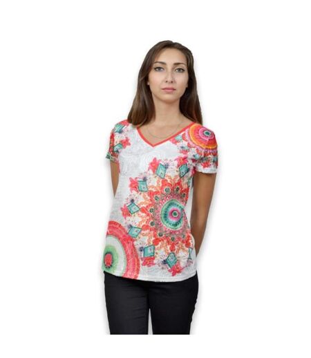 Tee shirt femme manches courtes avec motifs imprimés multicolores