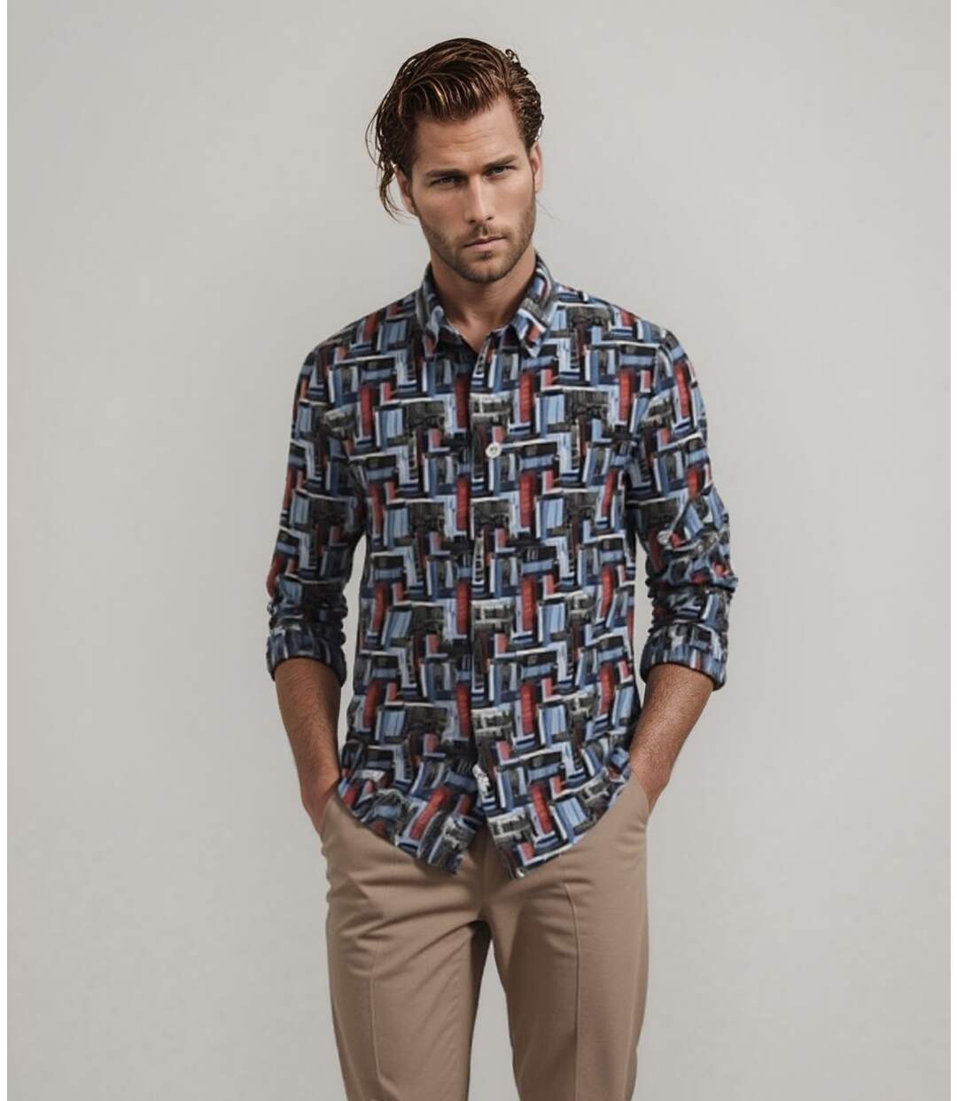 Chemise à  manches longues homme en stretch motifs digital - Slim Fit-3