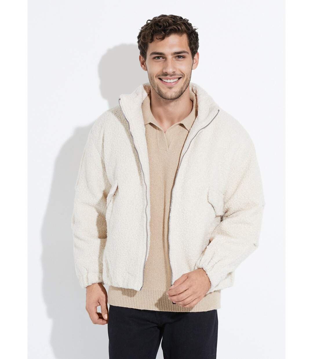 Blouson façon peau lainée, col montant-1
