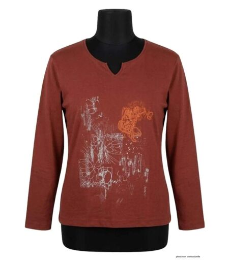 AXONE CHALON2B - Tee-shirt bordeaux manches longues col V avec imprimé devant et bas fendu