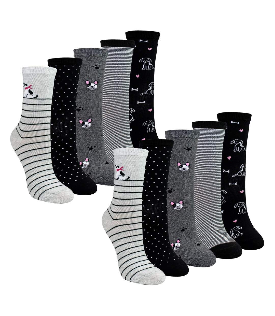 10 Pairs Ladies Dog Patterned Socks - Soft Cotton Rich Fun Dog Design Socks-1