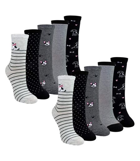 10 Pairs Ladies Dog Patterned Socks - Soft Cotton Rich Fun Dog Design Socks