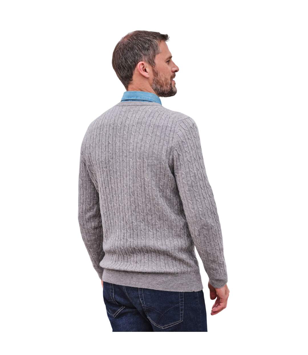 Mens Cable Knit Cashmere Merino Crew Neck Jumper Grey Marl WoolOvers-2