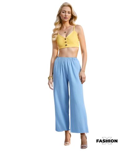 Pantalon femme coupe large de couleur bleu 100% coton