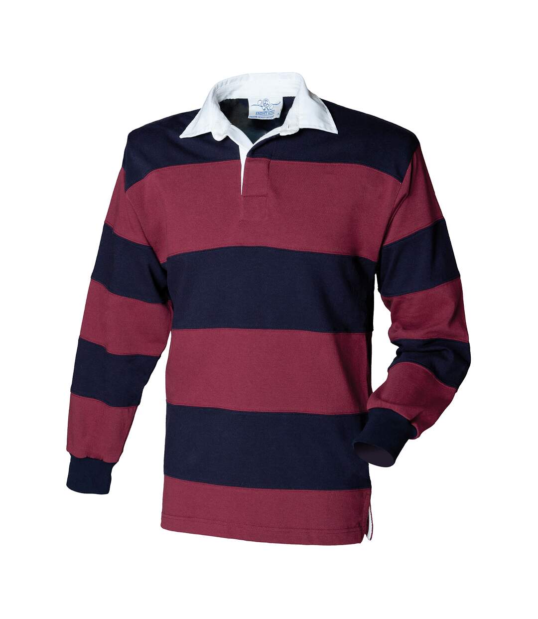 Mens Stripe Sewn Rugby Polo Shirt Burgundy Navy Front Row-1