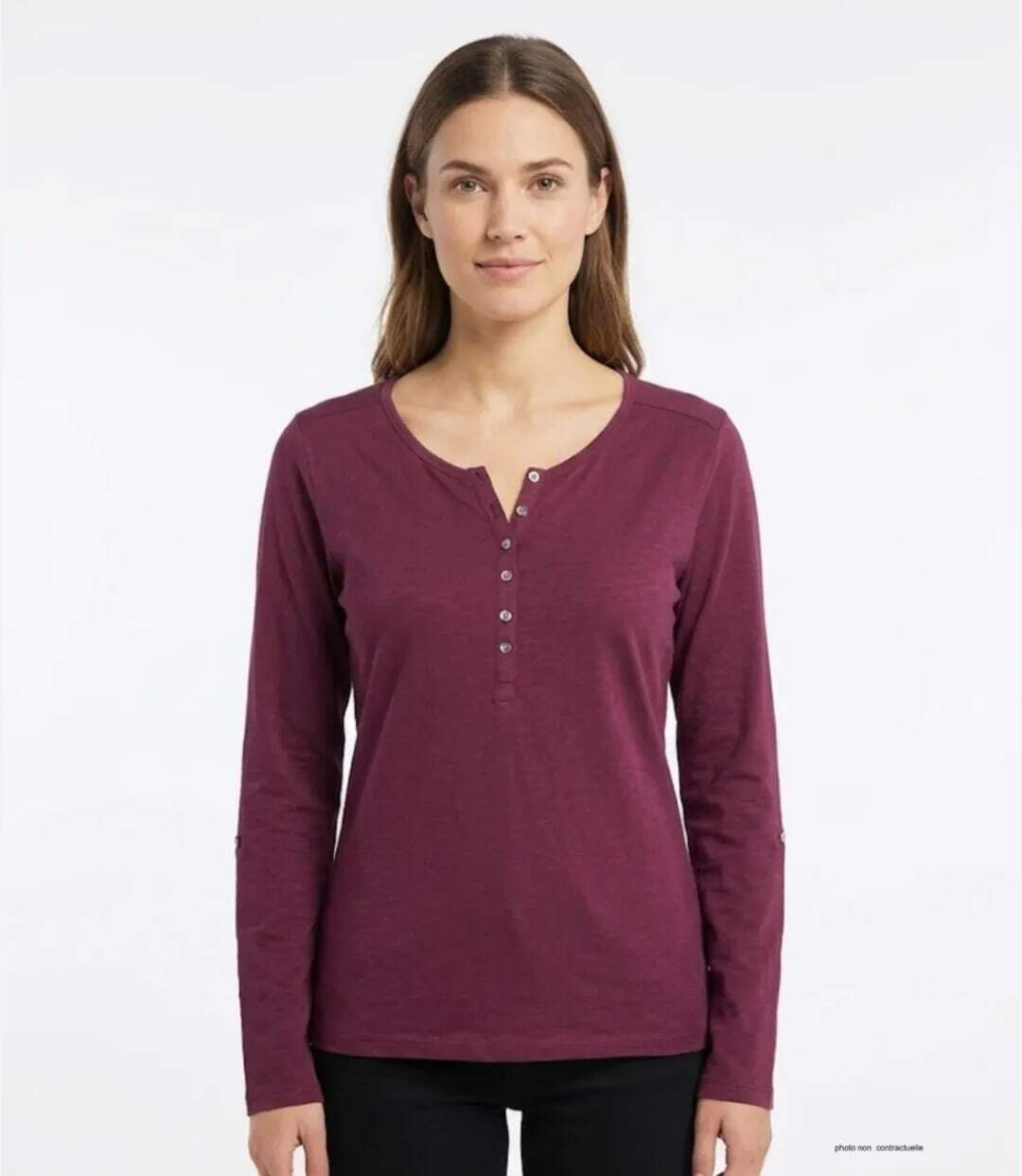 MAYFLOWER NINON4 : Tee-shirt manches longues prune en coton flammé avec patte boutonnée-1