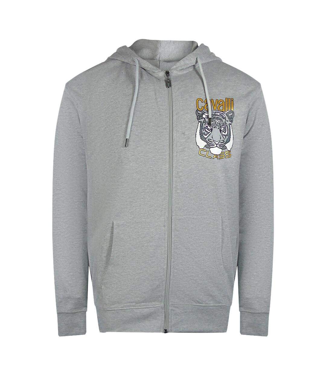 Mens Bold Tiger Logo Full Zip Hoodie Grey Cavalli Class-1