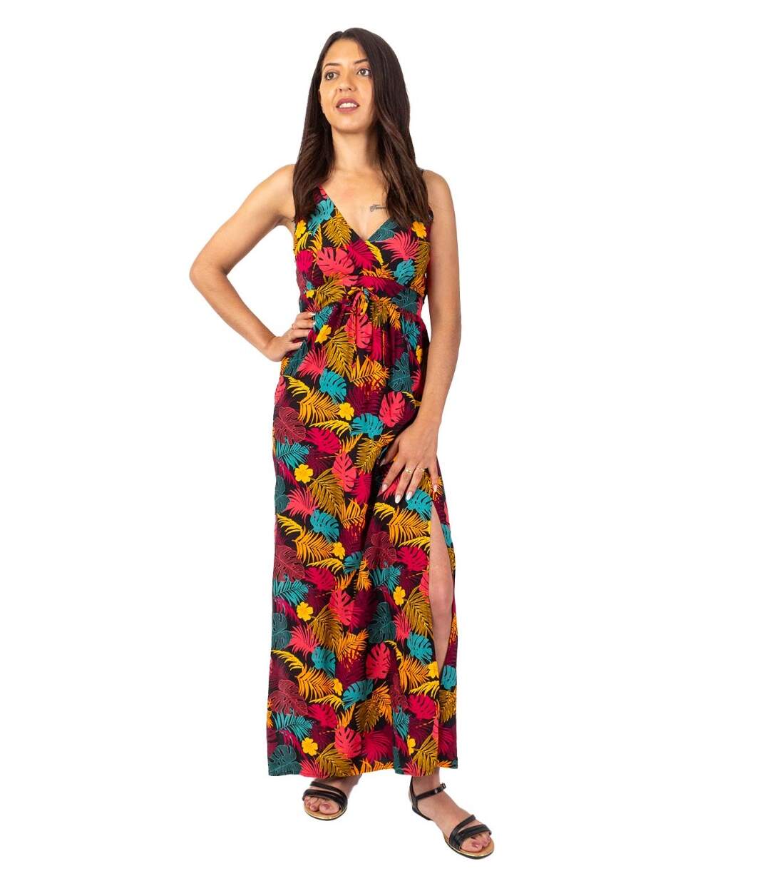 Robe longue fluide GLORIA fines bretelles imprimé tropical Coton Du Monde