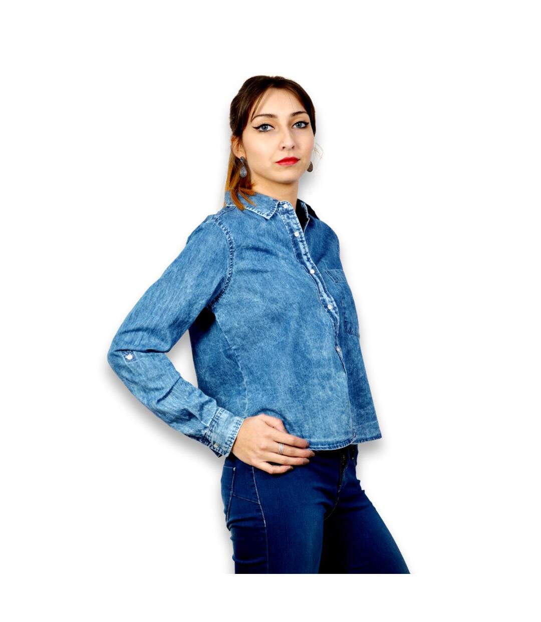 Chemise manches longues en jean femme  jean délavé coupe courte et ajustée-3