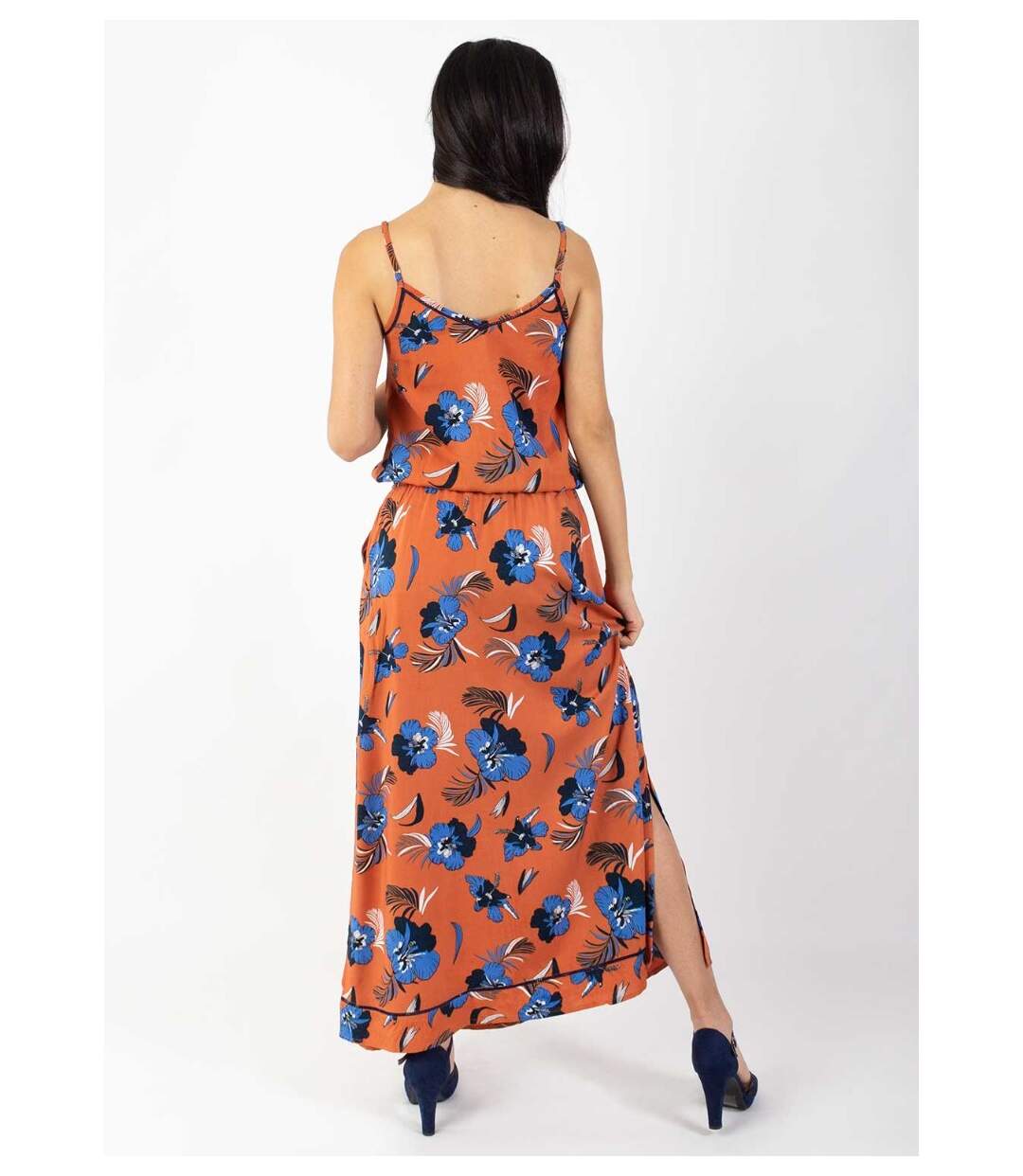 Robe longue fendue fines bretelles ALBA imprimé fleurs d' hibiscus Coton Du Monde