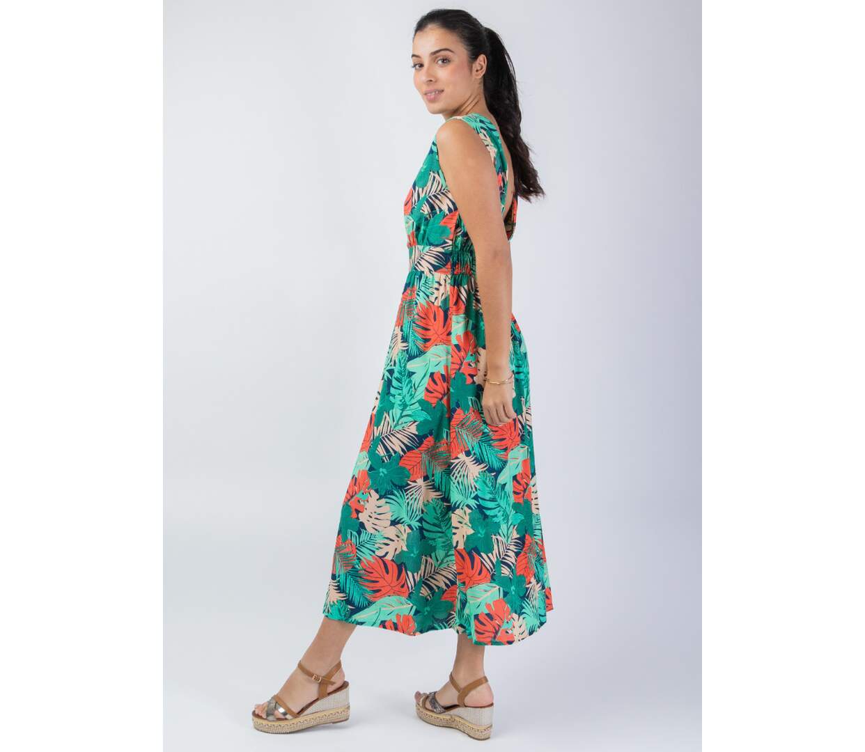 Robe longue femme fluide Esmeralda motif tropical Coton Du Monde-4