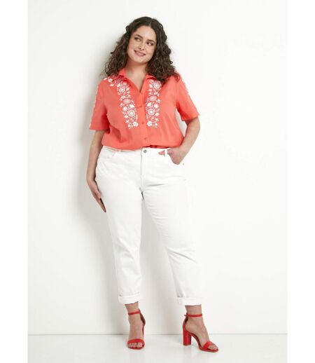 Chemisier long coton brodé manches courtes