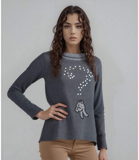 Pull Femmes Long Manches Gris avec Col Rond et Détails en Strass