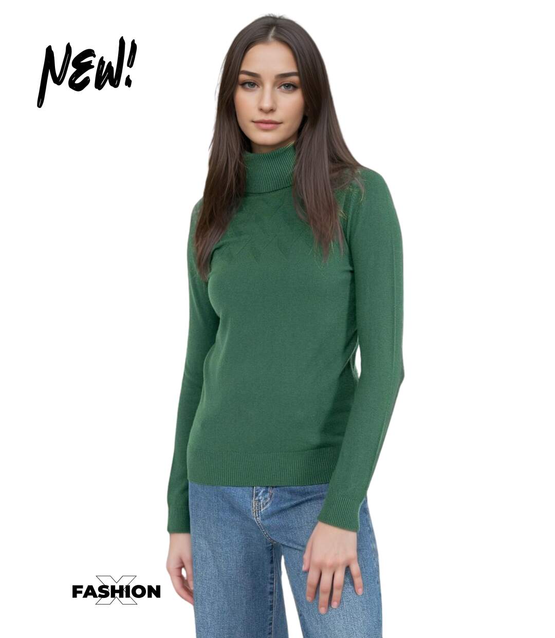 Pull femme manches longues - Col roulé - Couleur vert-1