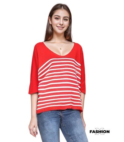Pull femme rayé - Pull col en V - Manches 3/4 - Couleur rouge