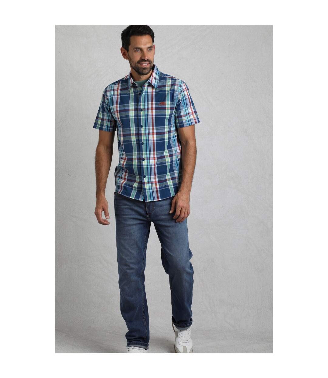 Mens judd checked organic cotton short-sleeved shirt estate blue Weird Fish-2