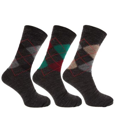 Mens Traditional Argyle Pattern Lambs Wool Blend Socks With Lycra (Pack Of 3) (Shades of Grey) - UTMB275