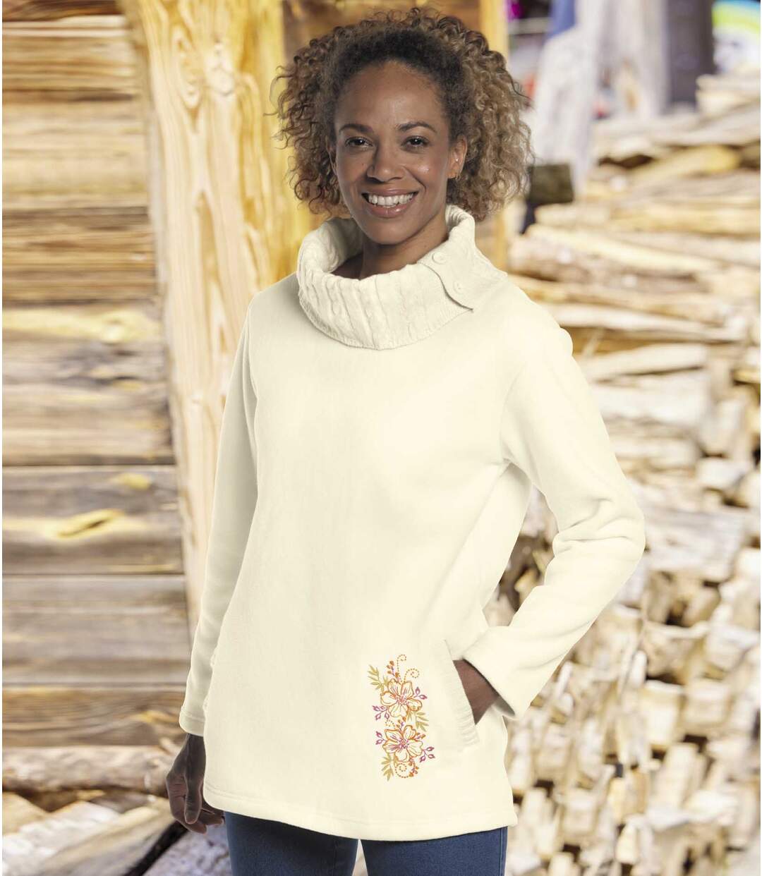 Women's Knitted Fleece Jumper with Roll Neck - Ecru-1