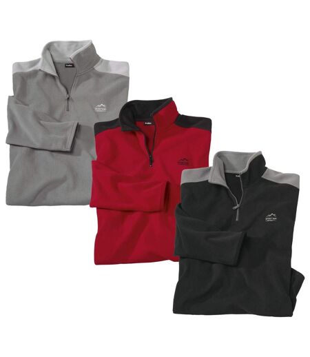 Pack of 3 Men's Half Zip Microfleece Sweaters - Black Red Grey